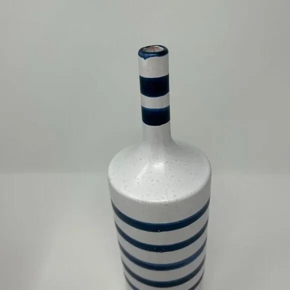 Crate and Barrel Terra Cotta Vase Blue Striped Gray Nautical Decor Hand Painted - Picture 7 of 14
